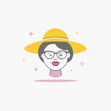 Minimalist lady in graceful hat and glasses bites her lip on White Backgroundのイラスト素材