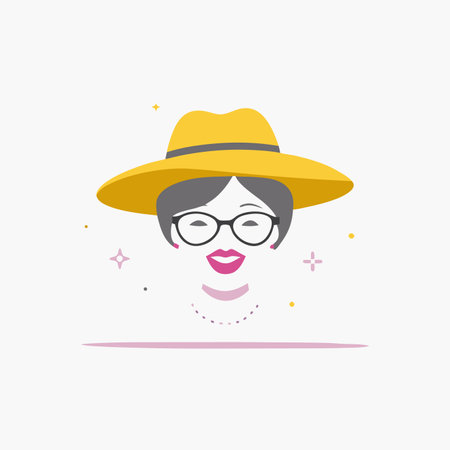 Minimalist lady in graceful hat and glasses bites her lip on White Backgroundのイラスト素材