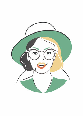 Minimalist lady in graceful hat and glasses bites her lip on White Backgroundのイラスト素材