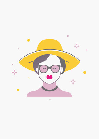 Minimalist lady in graceful hat and glasses bites her lip on White Backgroundのイラスト素材