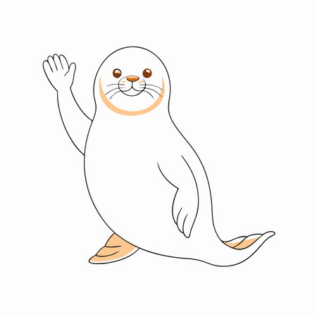 Minimalist Chubby Seal Waving Clipart on White Backgroundのイラスト素材
