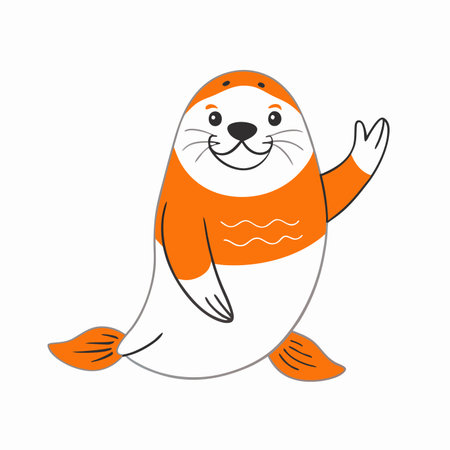 Minimalist Chubby Seal Waving Clipart on White Backgroundのイラスト素材