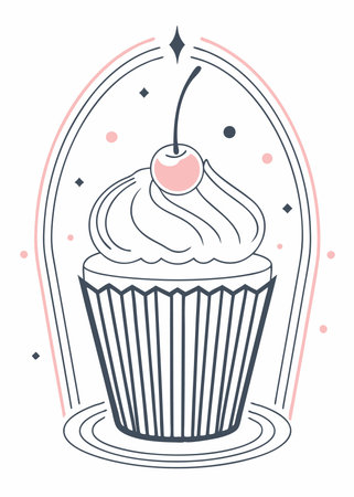 Minimalist Cozy Cupcake with a Cherry on Top Clipart on White Backgroundのイラスト素材