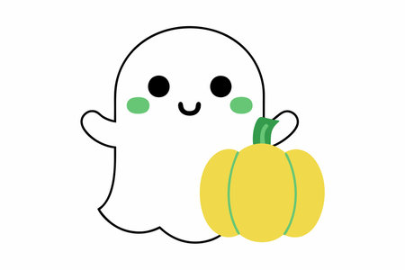 Minimalist Cute Ghost Holding a Pumpkin Clipart on White Backgroundのイラスト素材