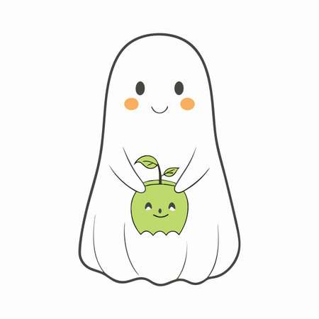 Minimalist Cute Ghost Holding a Pumpkin Clipart on White Backgroundのイラスト素材