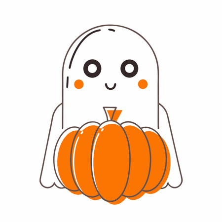 Minimalist Cute Ghost Holding a Pumpkin Clipart on White Backgroundのイラスト素材
