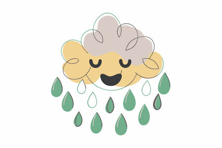 Minimalist Happy Cloud with Raindrops Clipart on White Backgroundのイラスト素材