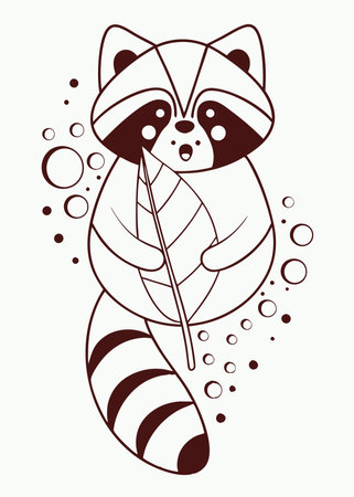 Minimalist Playful Raccoon Holding a Leaf Clipart on White Backgroundのイラスト素材