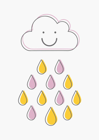 Minimalist Happy Cloud with Raindrops Clipart on White Backgroundのイラスト素材