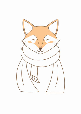 Minimalist Adorable Fox Wrapped in a Scarf Clipart on White Backgroundのイラスト素材