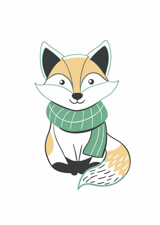 Minimalist Adorable Fox Wrapped in a Scarf Clipart on White Backgroundのイラスト素材