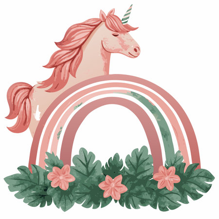 Watercolor unicorn with rainbow art on white backgroundのイラスト素材
