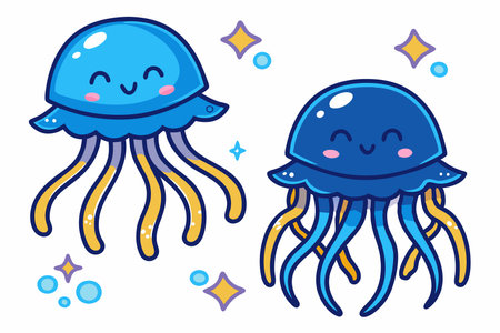 Minimalist Cute Jellyfish with Blush and Sparkles Clipart on White Backgroundのイラスト素材