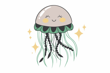 Minimalist Cute Jellyfish with Blush and Sparkles Clipart on White Backgroundのイラスト素材