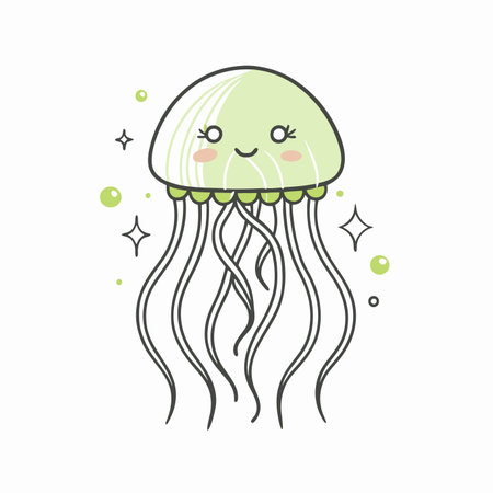 Minimalist Cute Jellyfish with Blush and Sparkles Clipart on White Backgroundのイラスト素材