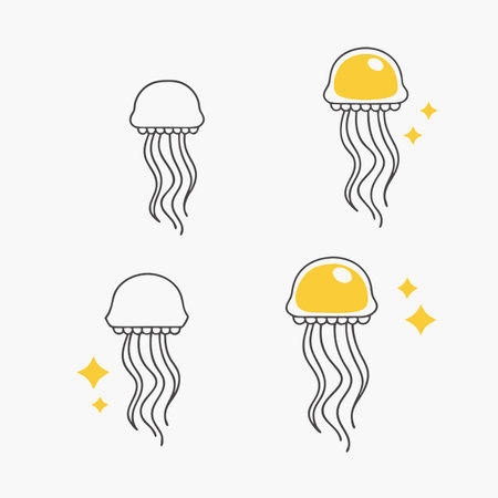 Minimalist Cute Jellyfish with Blush and Sparkles Clipart on White Backgroundのイラスト素材