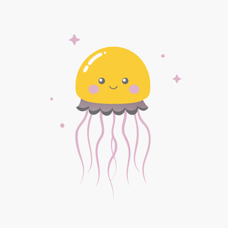 Minimalist Cute Jellyfish with Blush and Sparkles Clipart on White Backgroundのイラスト素材