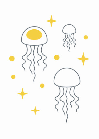 Minimalist Cute Jellyfish with Blush and Sparkles Clipart on White Backgroundのイラスト素材
