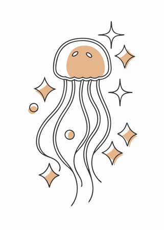 Minimalist Cute Jellyfish with Blush and Sparkles Clipart on White Backgroundのイラスト素材