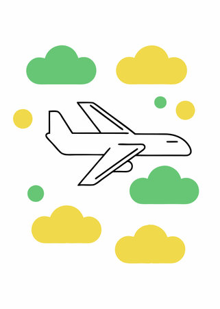 Minimalist Airplane Soaring Through Clouds on White Backgroundのイラスト素材