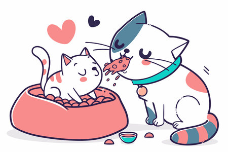 Minimalist Cute Mother Cat Licking Kitten Cartoon on White Backgroundのイラスト素材