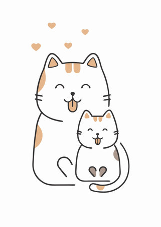 Minimalist Cute Mother Cat Licking Kitten Cartoon on White Backgroundのイラスト素材