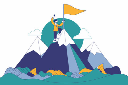 Minimalist Climber with flag conquering top of mountain on hand on White Backgroundのイラスト素材