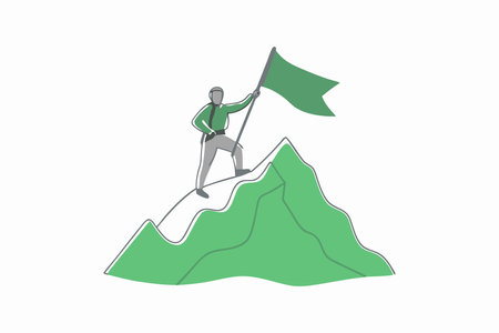 Minimalist Climber with flag conquering top of mountain on hand on White Backgroundのイラスト素材