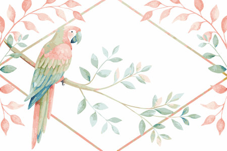 Watercolor parrot with branches on white backgroundのイラスト素材