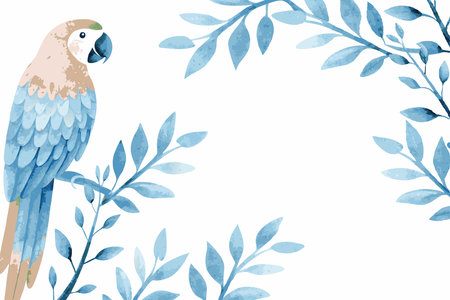 Watercolor parrot with branches on white background