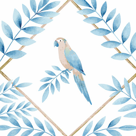 Watercolor parrot with branches on white backgroundのイラスト素材