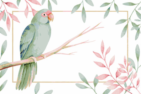 Watercolor parrot with branches on white backgroundのイラスト素材