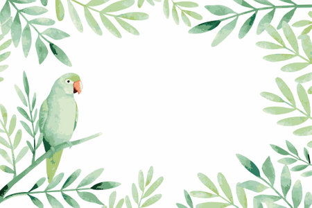 Watercolor parrot with branches on white background