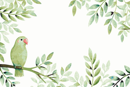 Watercolor parrot with branches on white background