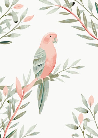 Watercolor parrot with branches on white background