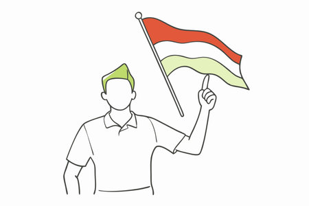 Minimalist young man waving the Indonesian flag on White Backgroundのイラスト素材