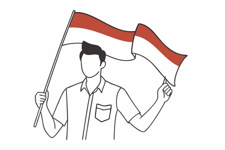 Minimalist young man waving the Indonesian flag on White Backgroundのイラスト素材