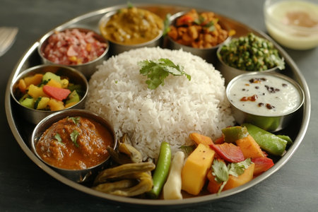 Assorted Indian food in metal tray on grey table, closeupの素材