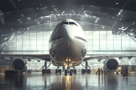 Passenger airplane in the airport. 3d rendering, toned imageの写真素材