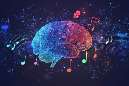 Digital illustration of human brain in colour background with musical notes. 3D renderingの写真素材