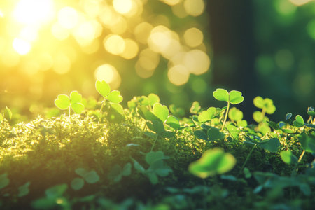 Green clover leaves with sunbeams in the forest at sunsetの素材