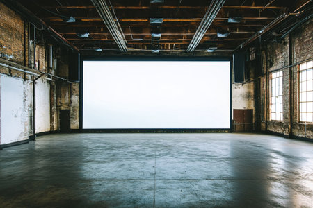Large blank billboard in an old abandoned factory building. 3D renderingの写真素材