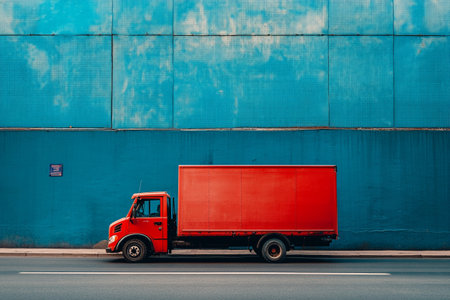 Red truck on the background of a blue wall. Freight transportationの素材