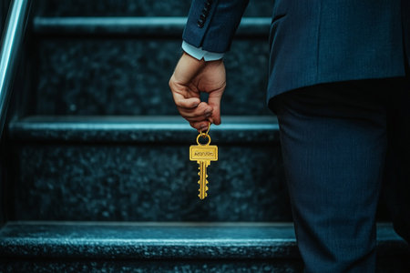 Businessman holding golden key in hand. Success and motivation concept.の写真素材