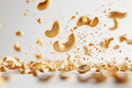 Macro shot of falling cashew nuts isolated on white background.の写真素材