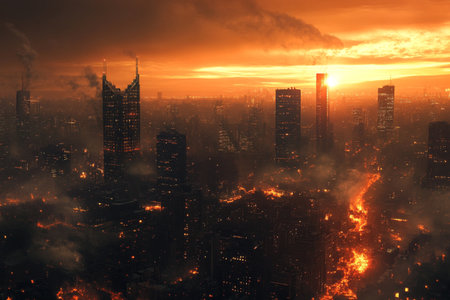 Aerial view of a city at sunset, 3d renderの写真素材