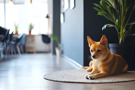 Cute Shiba Inu dog lying on the floor at homeの写真素材