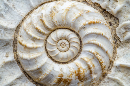 Close-up of a spiral snail shell on a stone background.の写真素材
