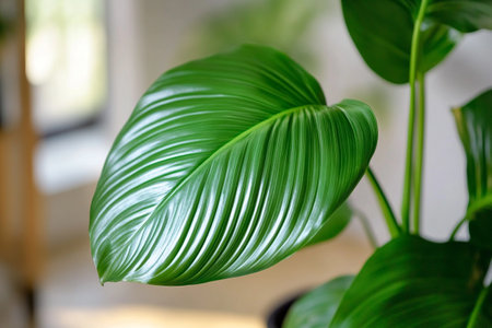 Close up of a green leaf in a houseplant pot. Home gardening concept.の写真素材
