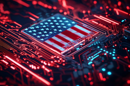 Close-up of electronic circuit board with flag of USA. 3D Renderingの写真素材